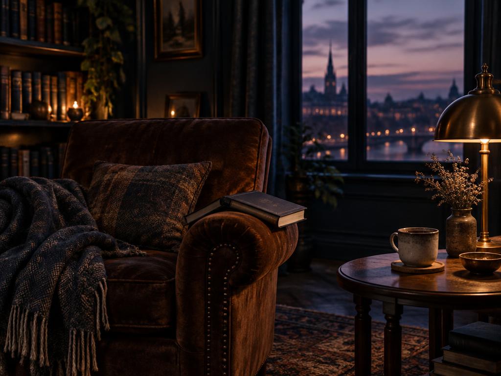 A cosy armchair at dusk with a book resting on its arm and a cup of coffee on the side table