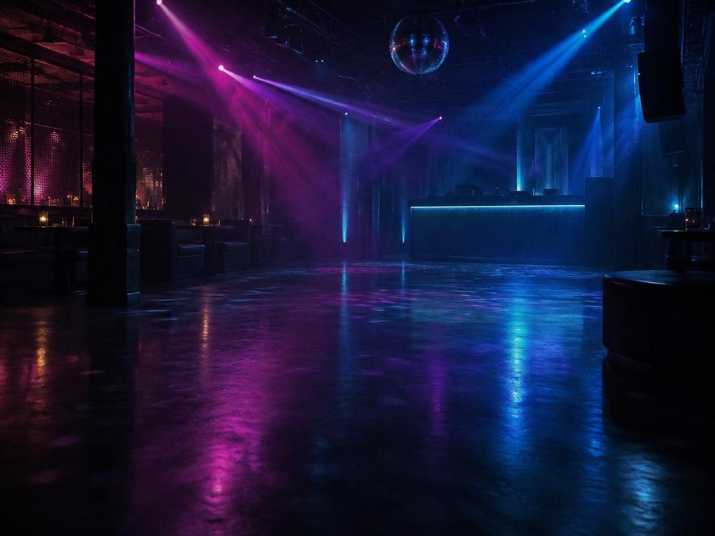 An empty nightclub dancefloor lit by fuchsia and blue laser beams through haze