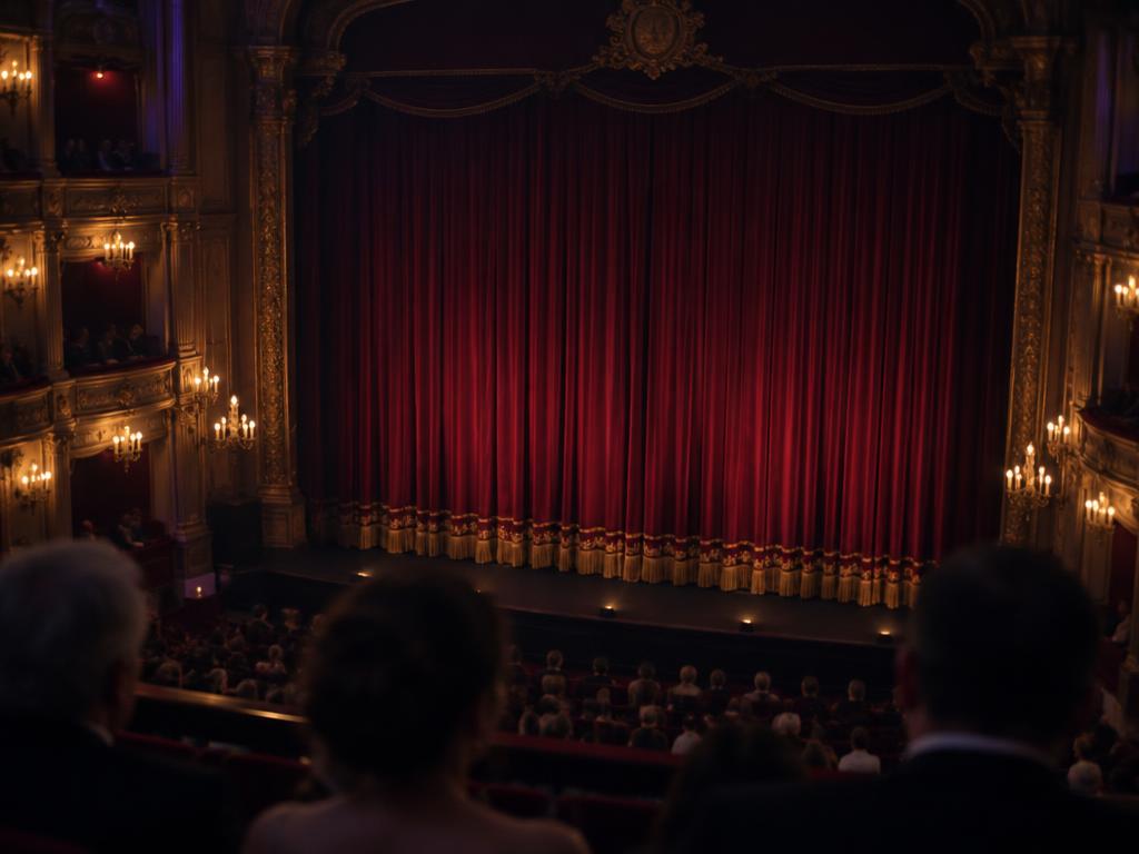 A closed red theatre curtain seen from the dress circle, with the backs of audience members' heads in the foreground