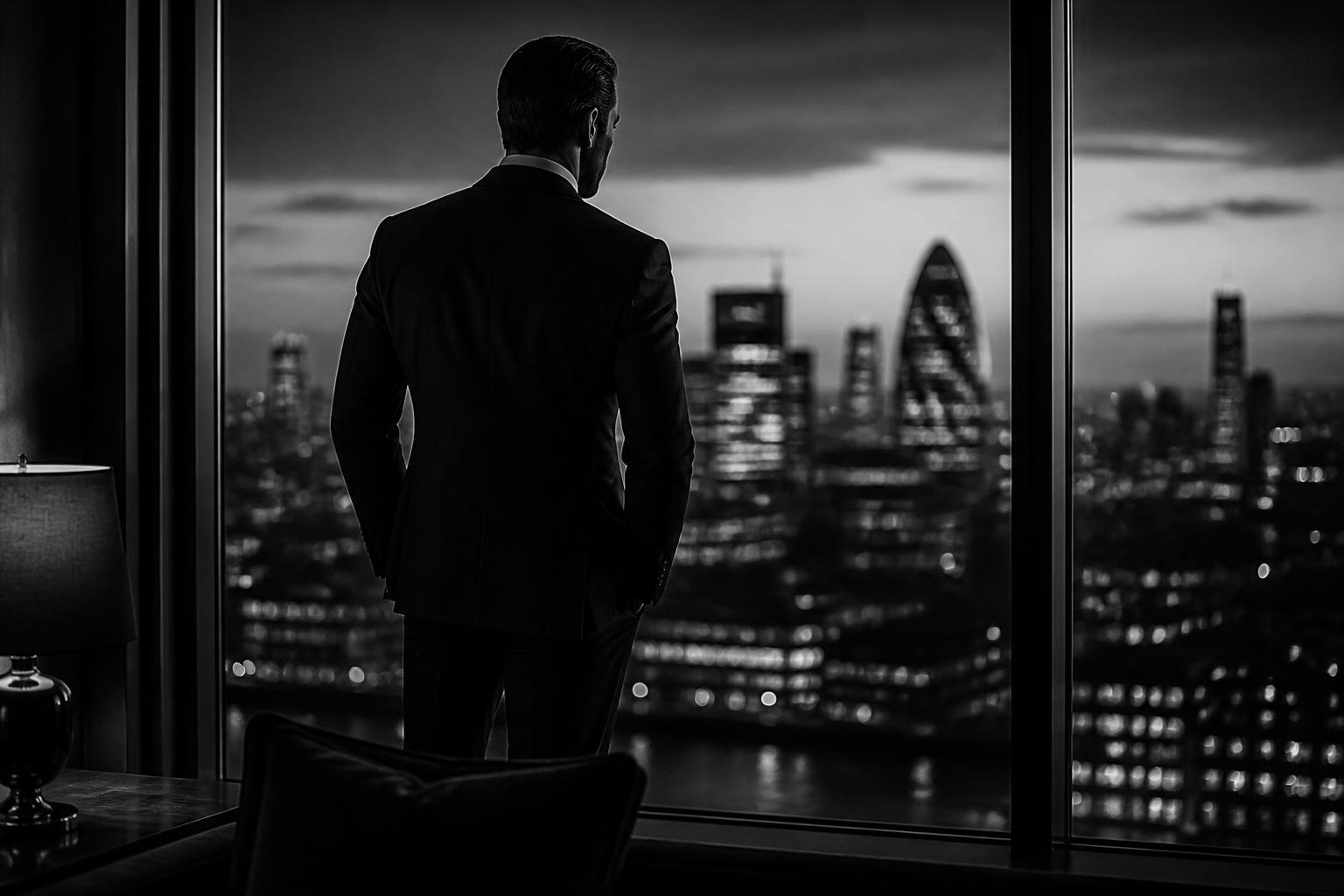 Man in a tailored suit looking out over the London skyline at dusk